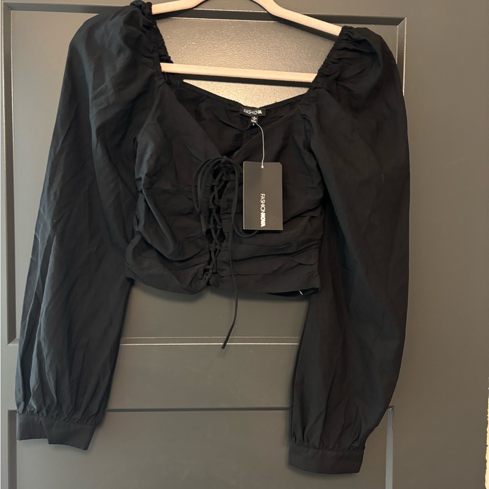 Fashion Nova Elegant Black Lace-Up Blouse